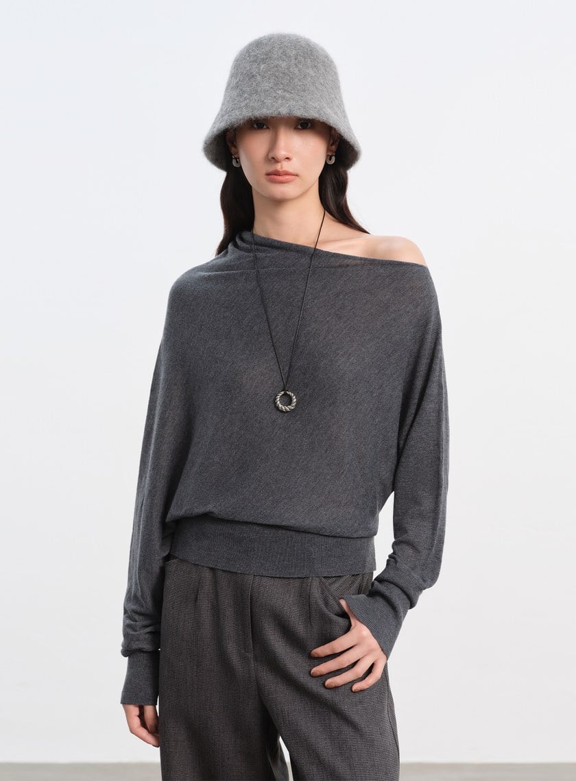 斜領連袖針織上衣