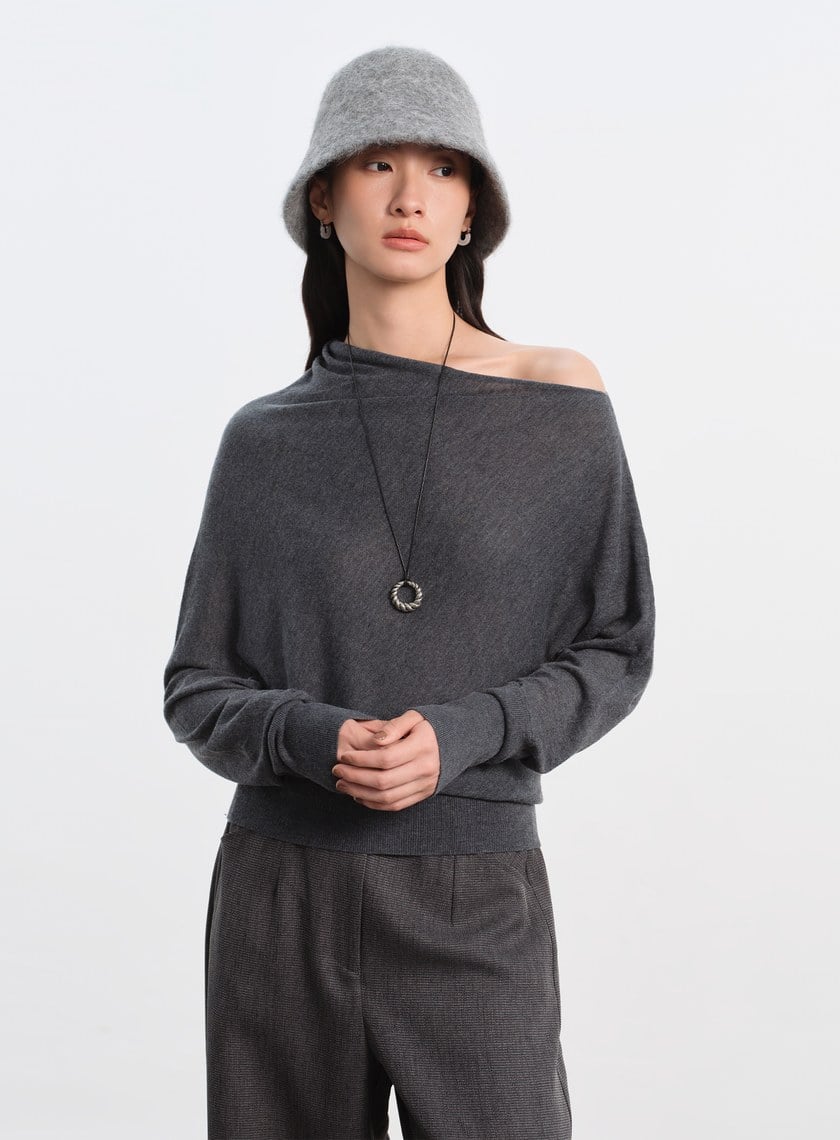 斜領連袖針織上衣