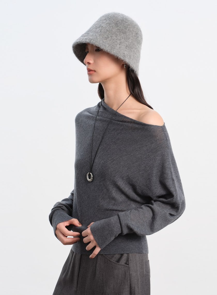 斜領連袖針織上衣