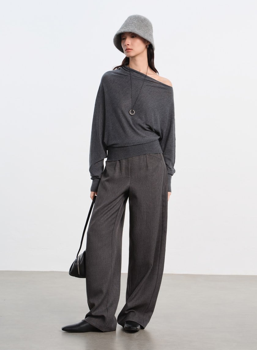 斜領連袖針織上衣