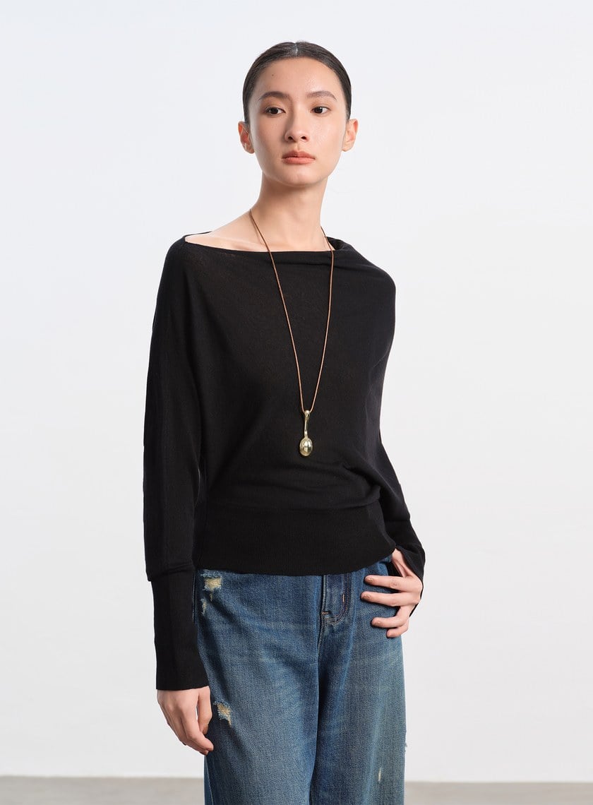 斜領連袖針織上衣