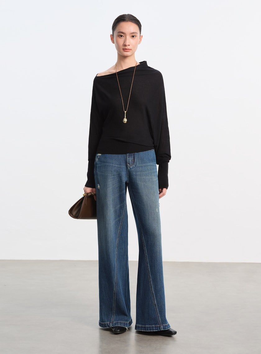 斜領連袖針織上衣