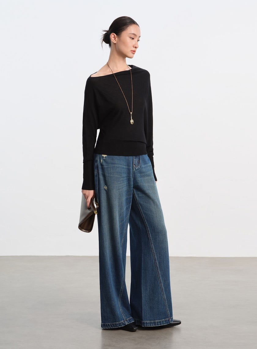 斜領連袖針織上衣