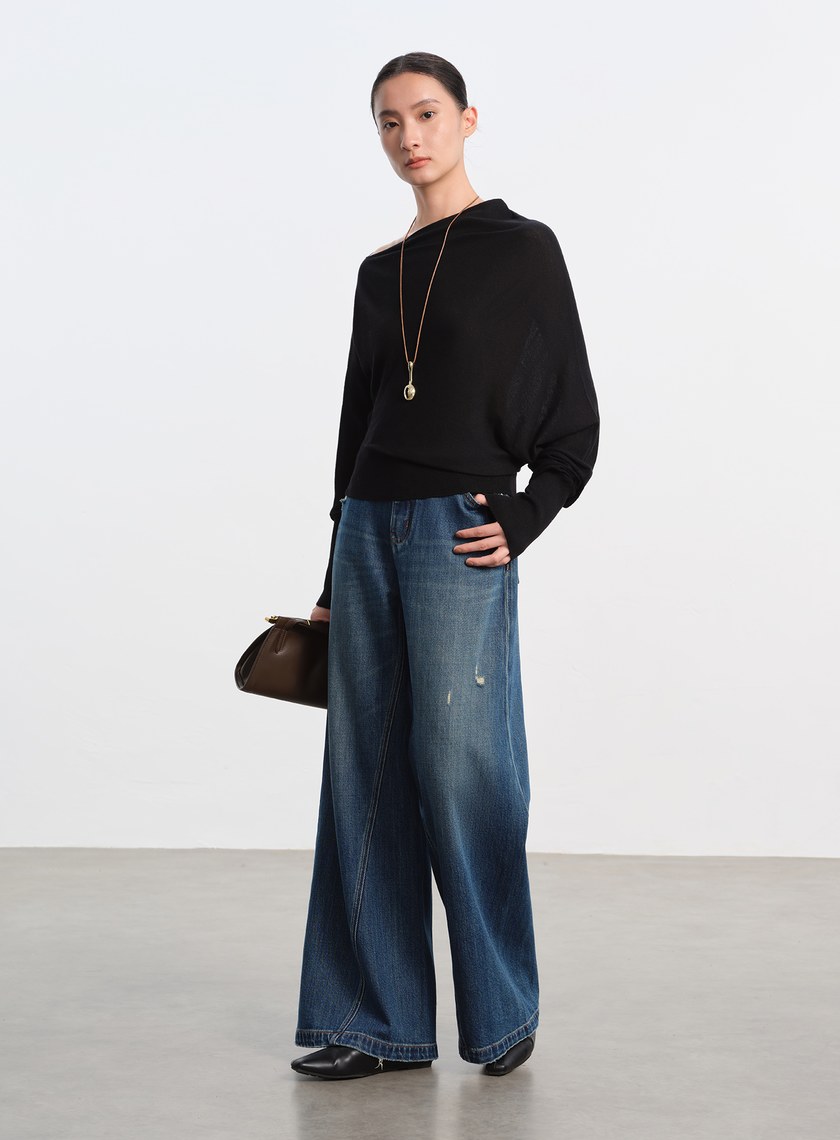 斜領連袖針織上衣