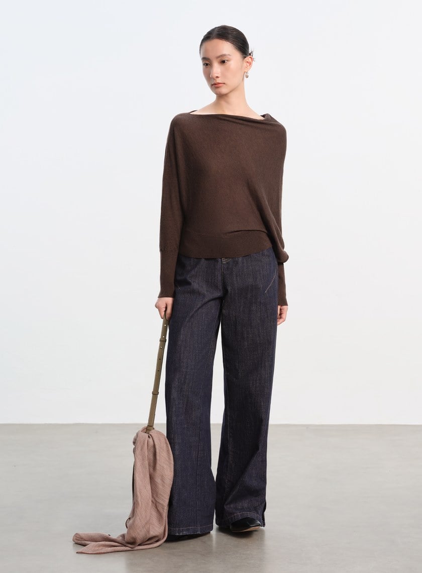 斜領連袖針織上衣