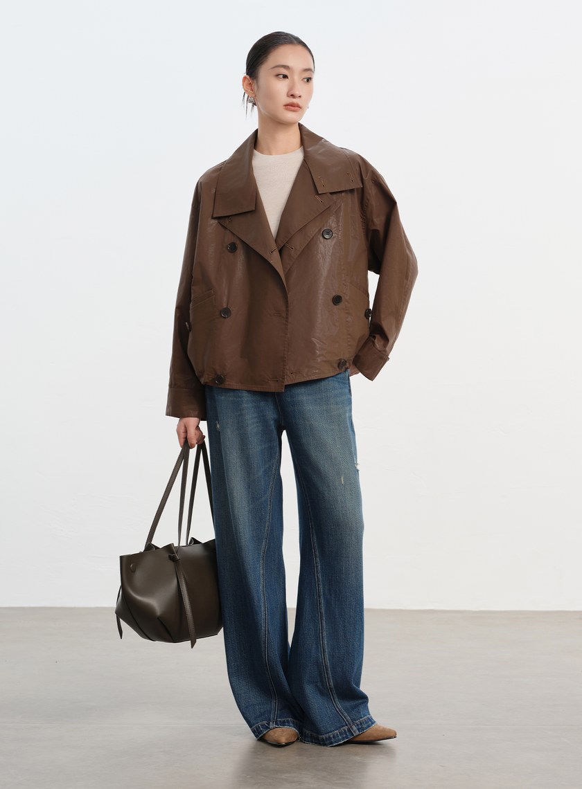 亮面燙膜雙門襟短版風衣