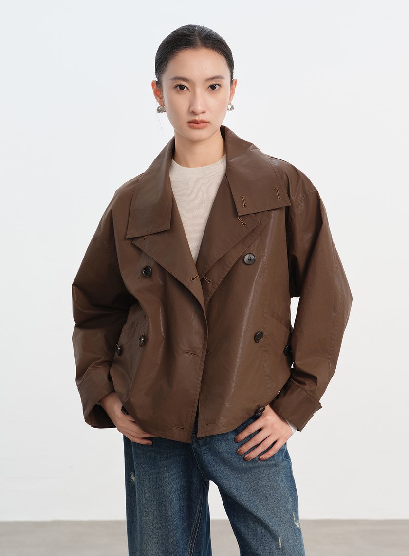 亮面燙膜雙門襟短版風衣