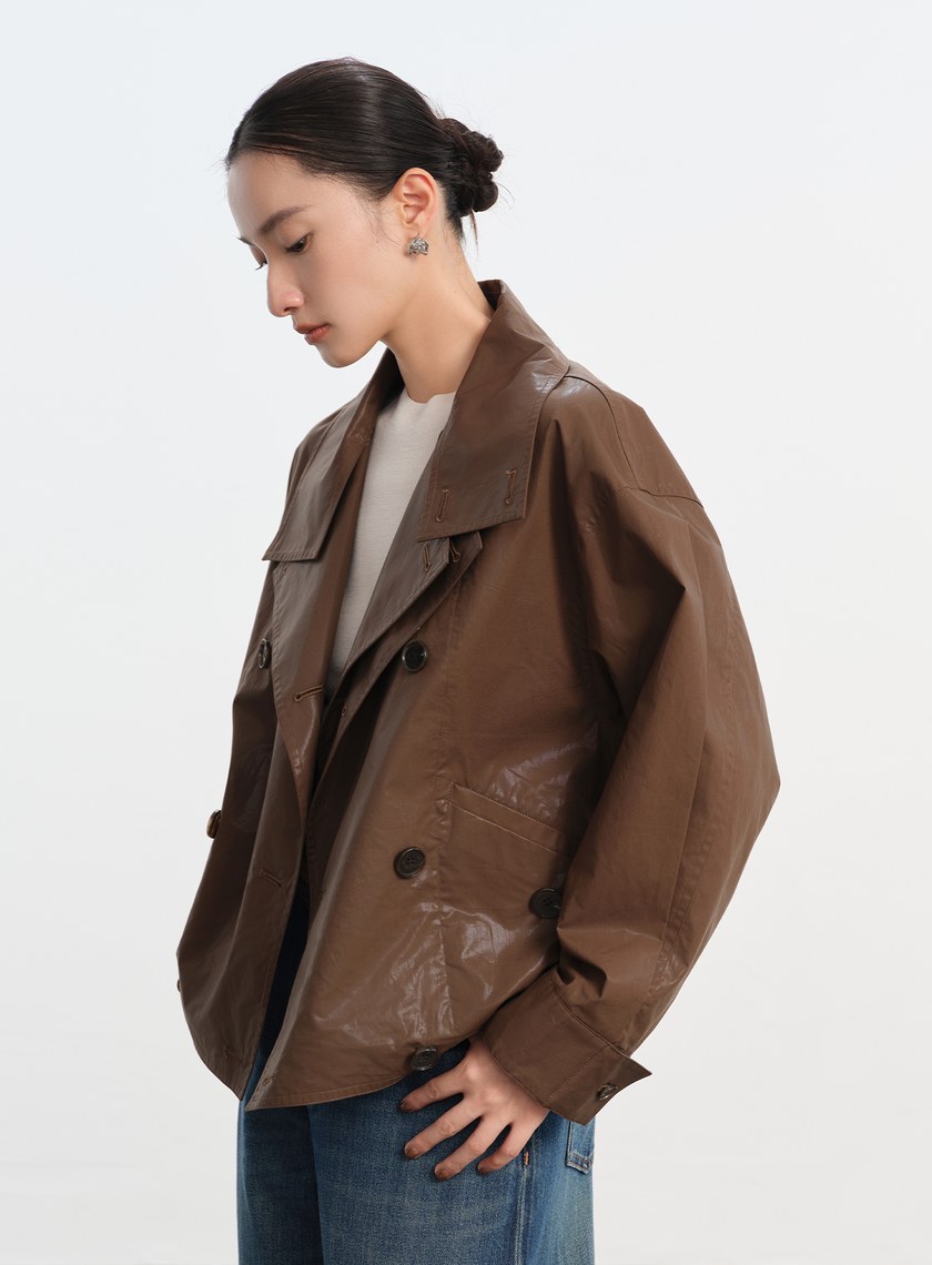 亮面燙膜雙門襟短版風衣