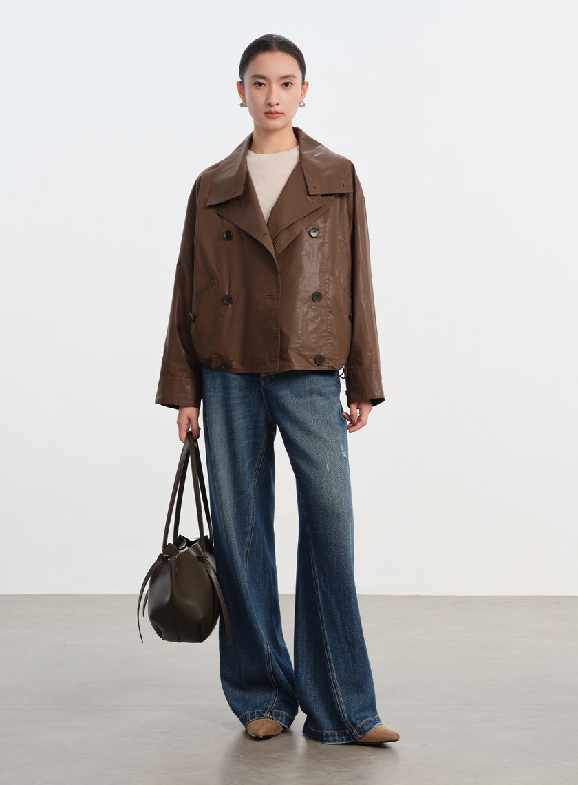 亮面燙膜雙門襟短版風衣