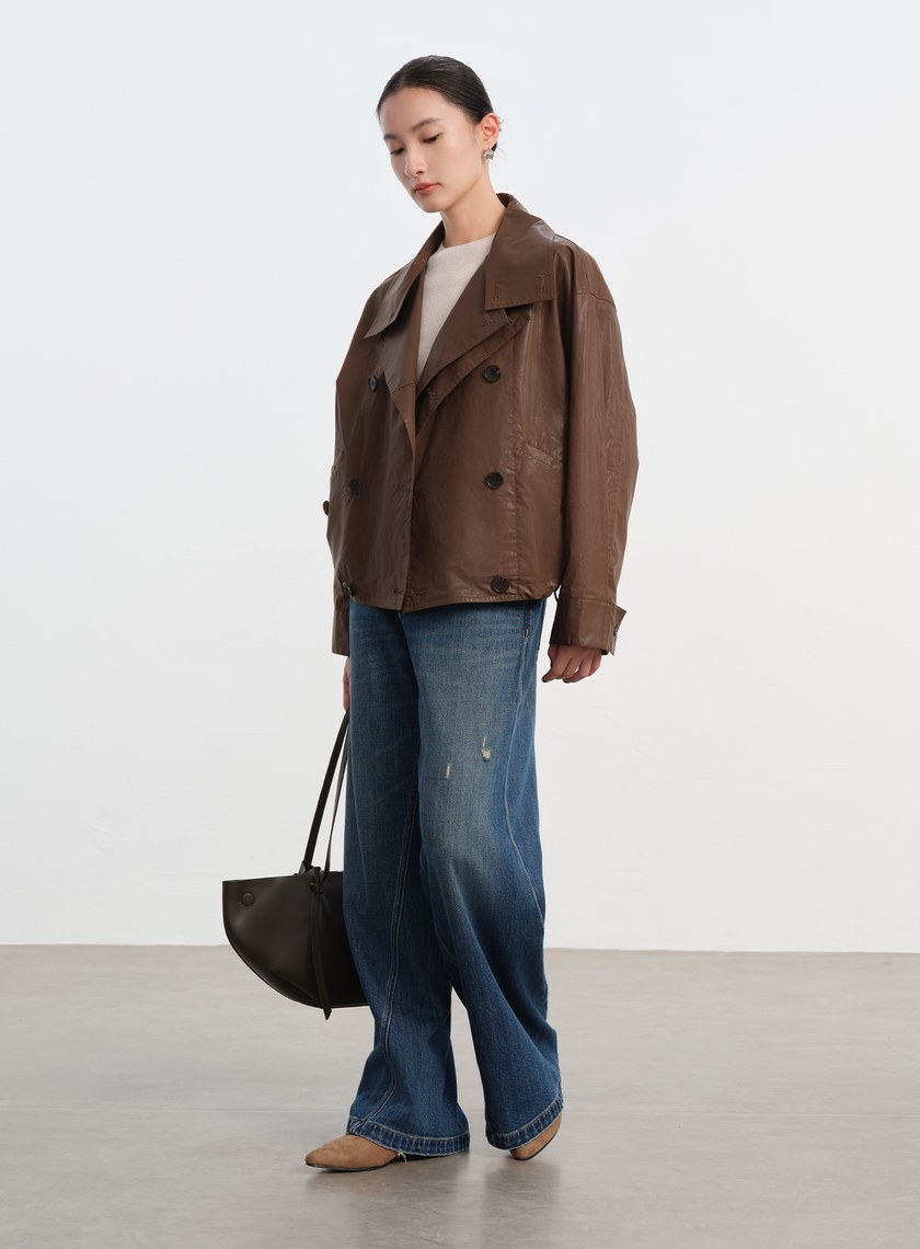 亮面燙膜雙門襟短版風衣