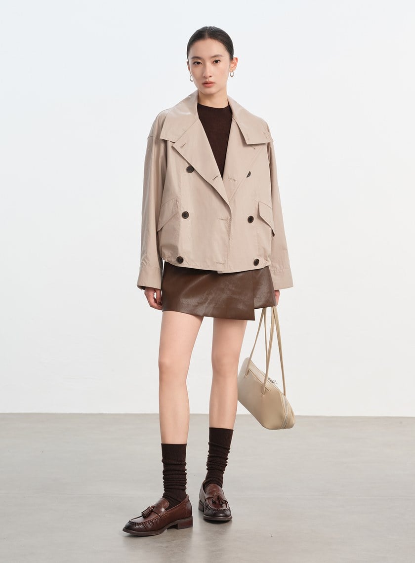亮面燙膜雙門襟短版風衣