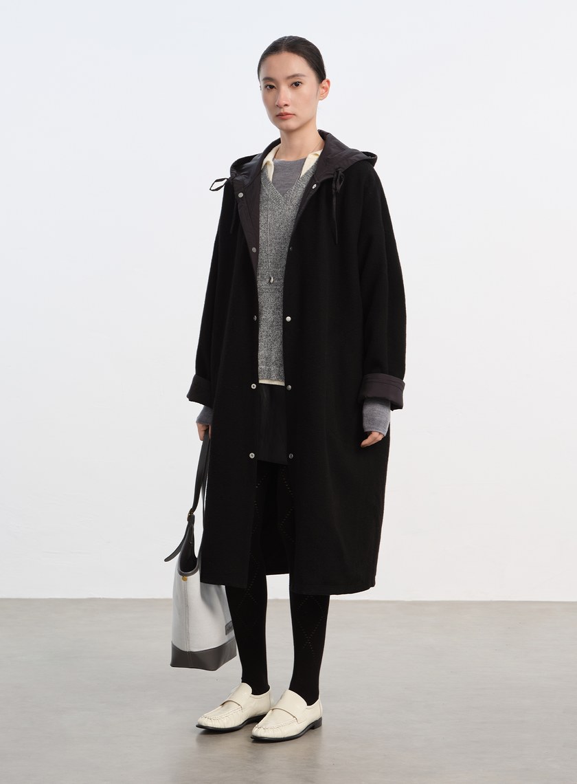 雙面穿休閒連帽羊毛大衣外套