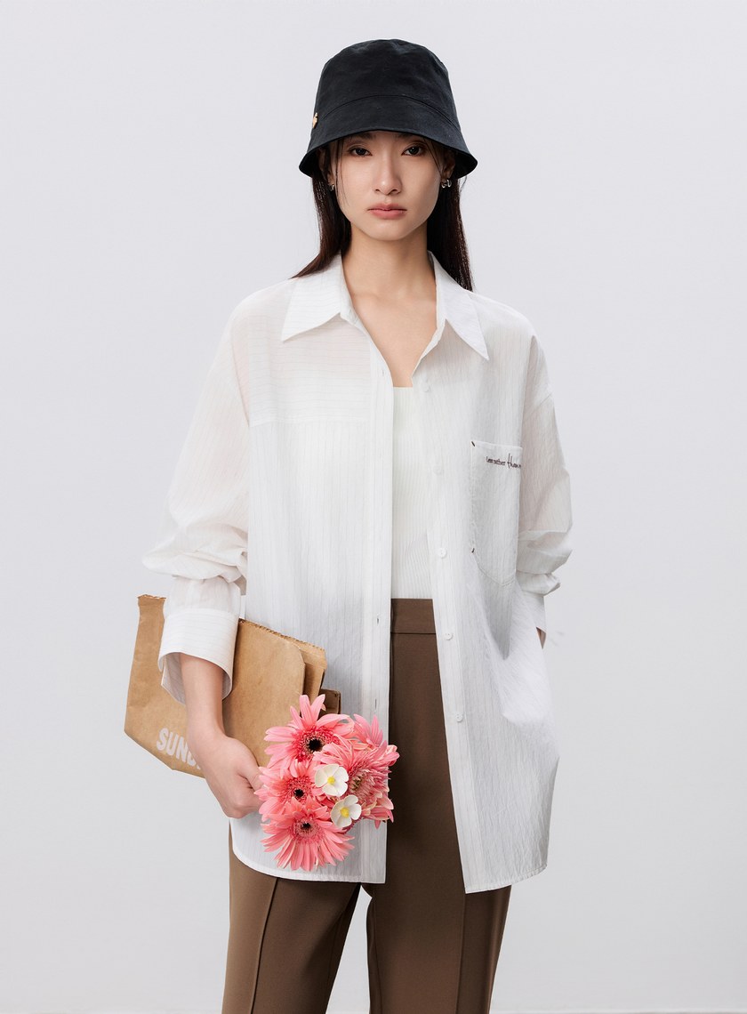 綁帶條紋刺繡襯衫