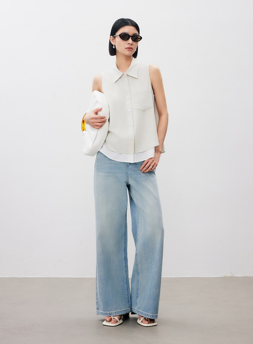 涼感醋酸無袖襯衫