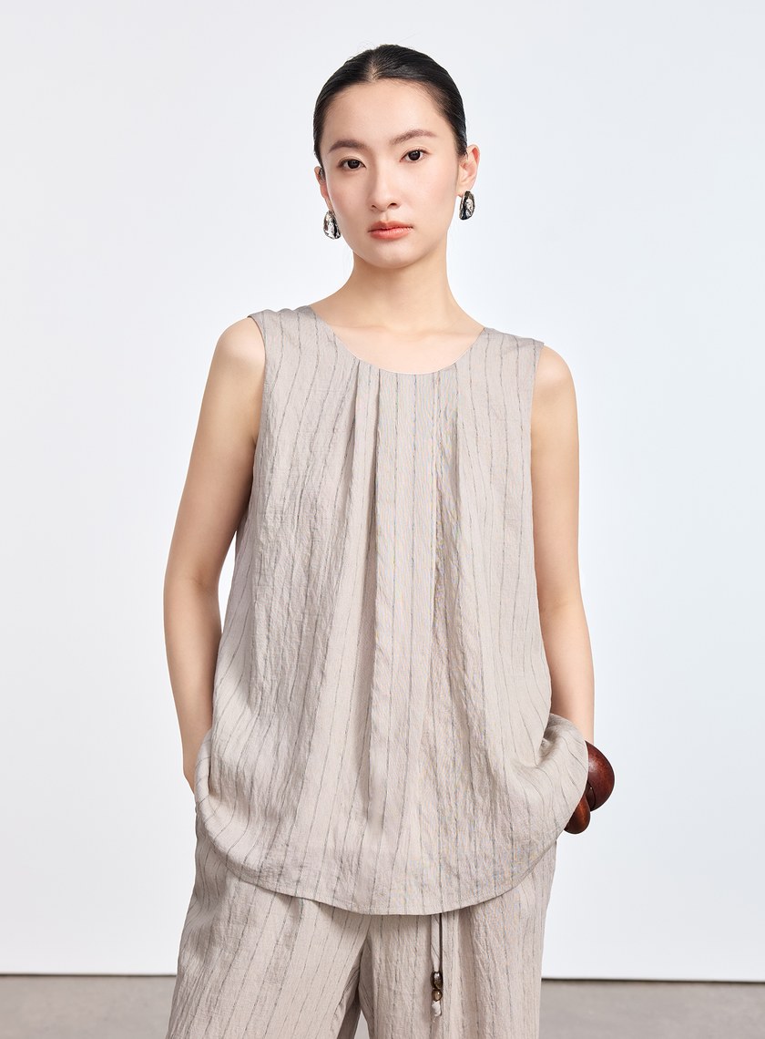 法式仿麻無袖上衣