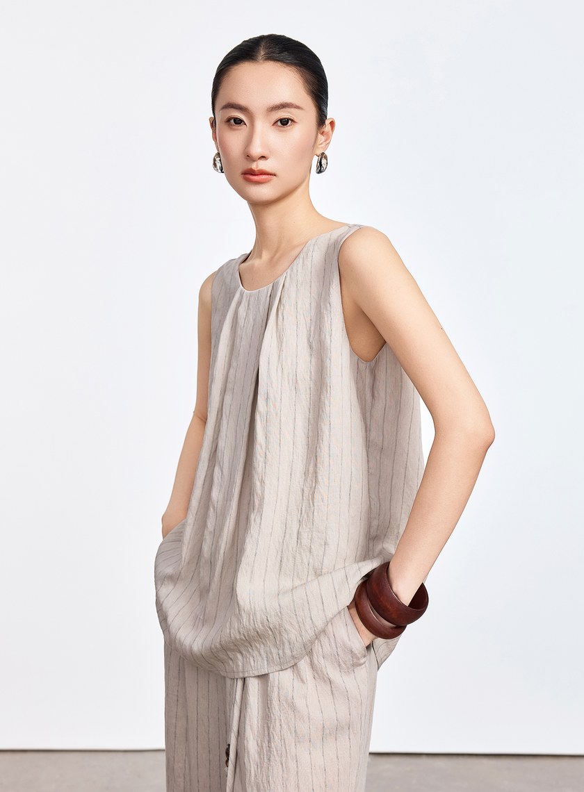 法式仿麻無袖上衣
