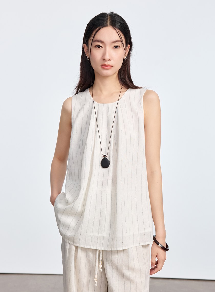 法式仿麻無袖上衣