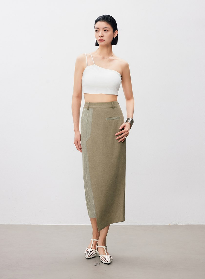 不對稱異材質拼接西裝半裙