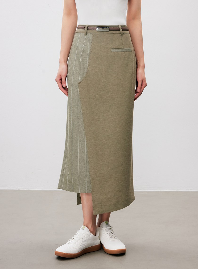 不對稱異材質拼接西裝半裙