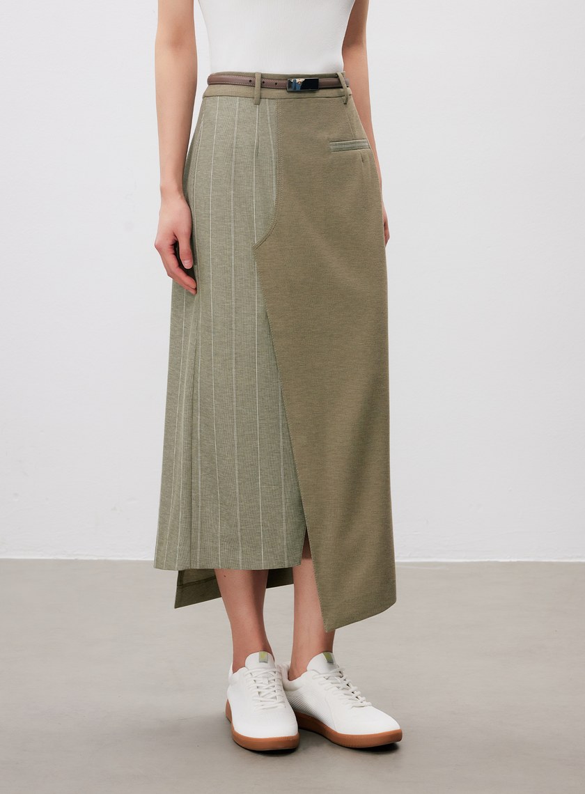 不對稱異材質拼接西裝半裙