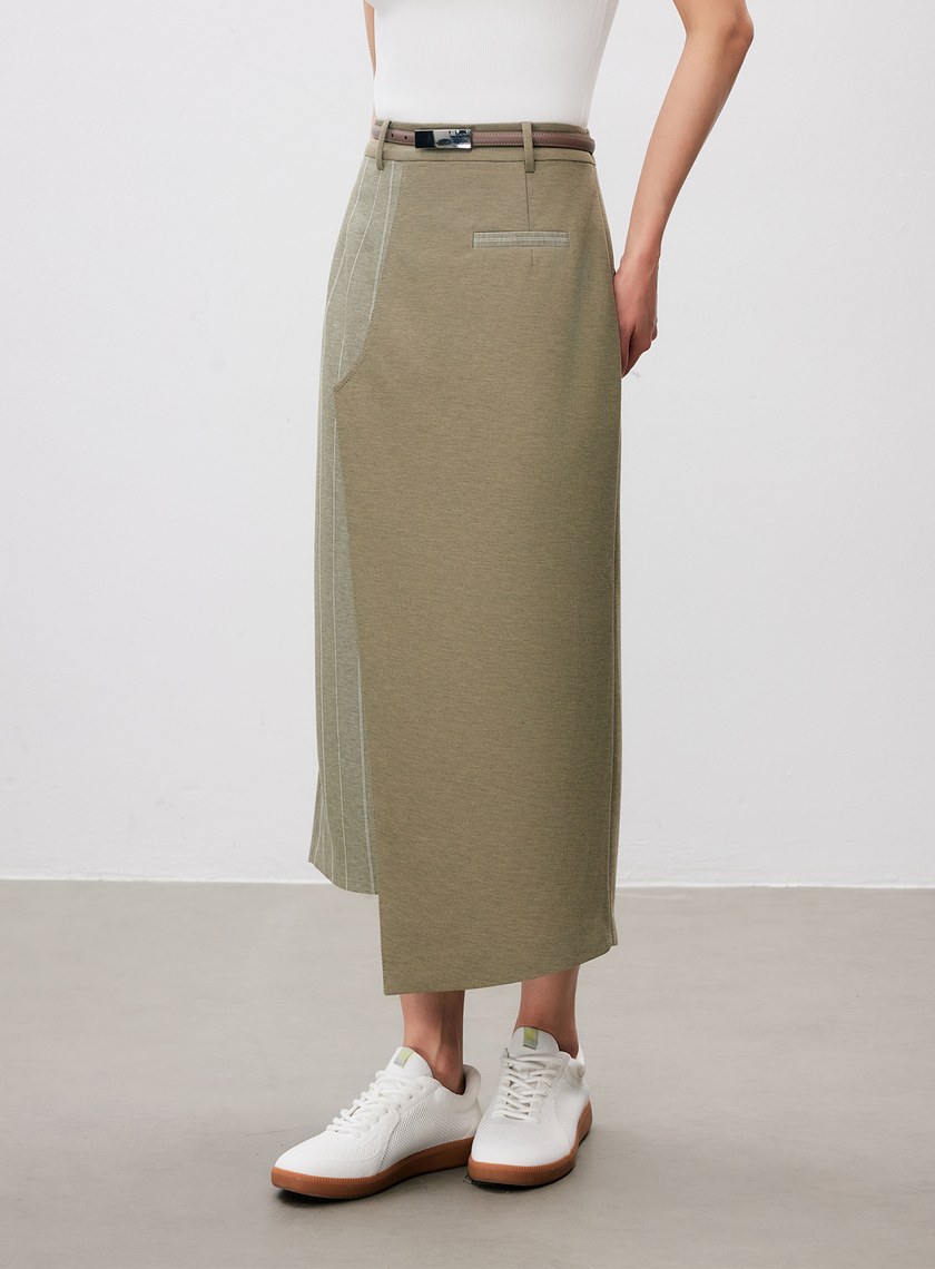 不對稱異材質拼接西裝半裙