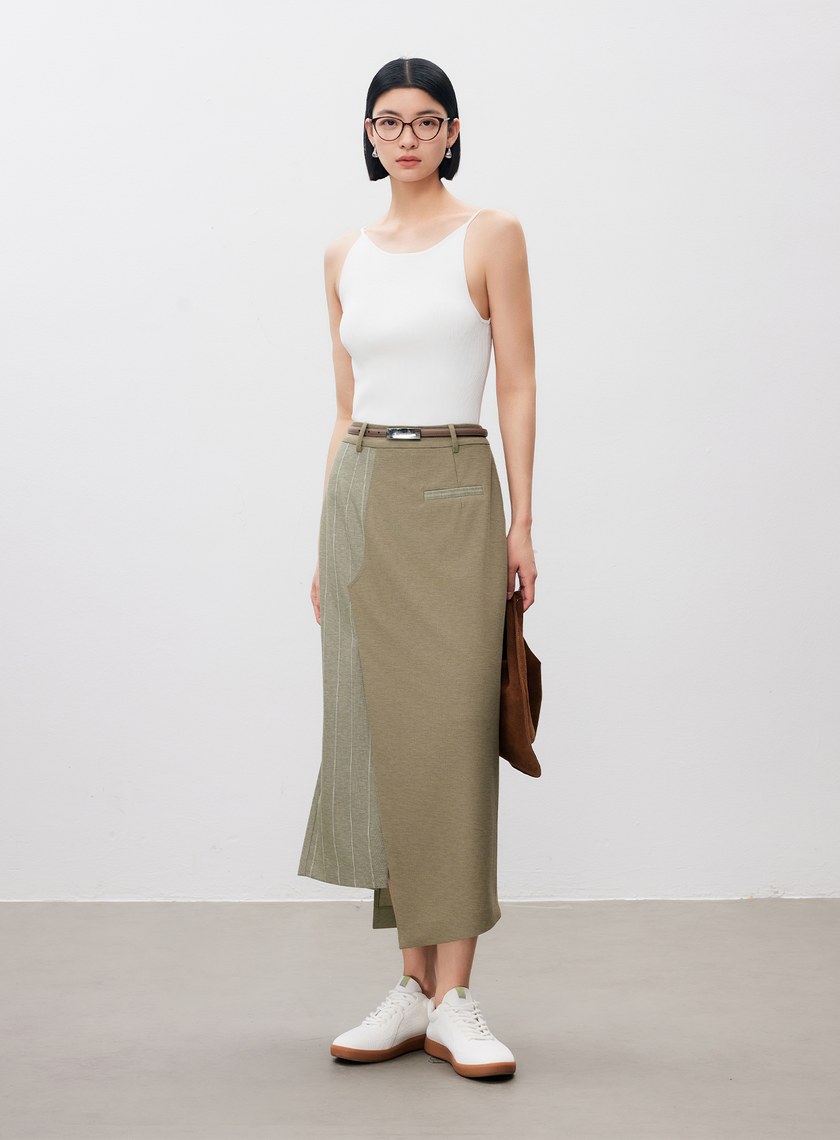 不對稱異材質拼接西裝半裙