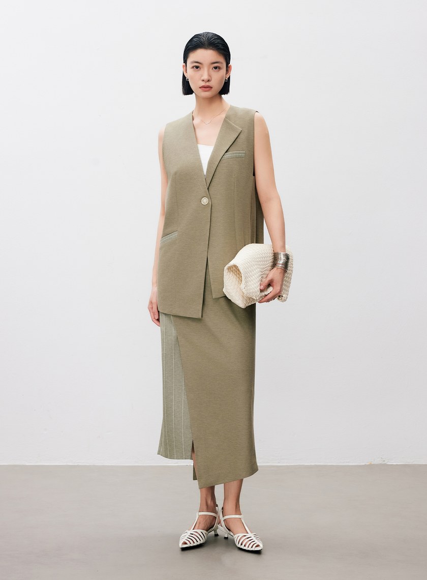 不對稱異材質拼接西裝半裙