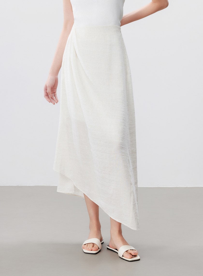 舒適亞麻感抓褶直身半裙