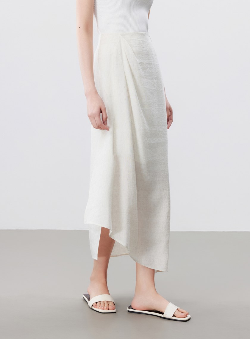 舒適亞麻感抓褶直身半裙