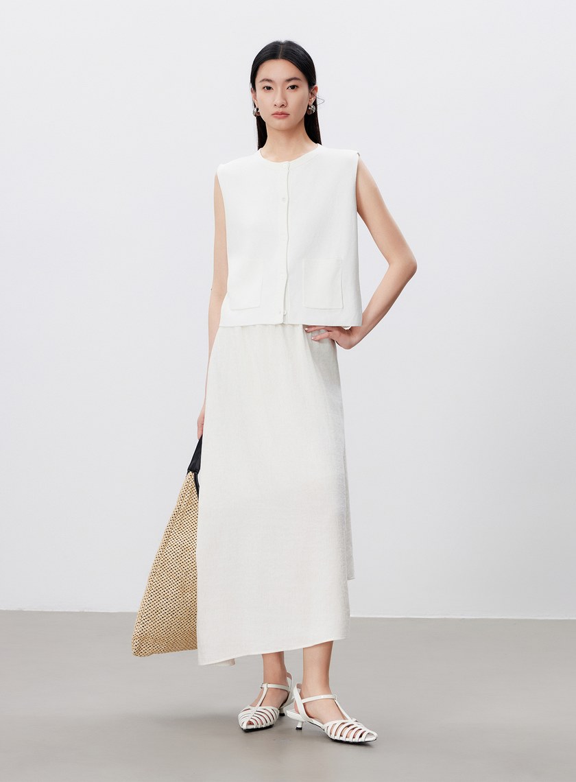 舒適亞麻感抓褶直身半裙