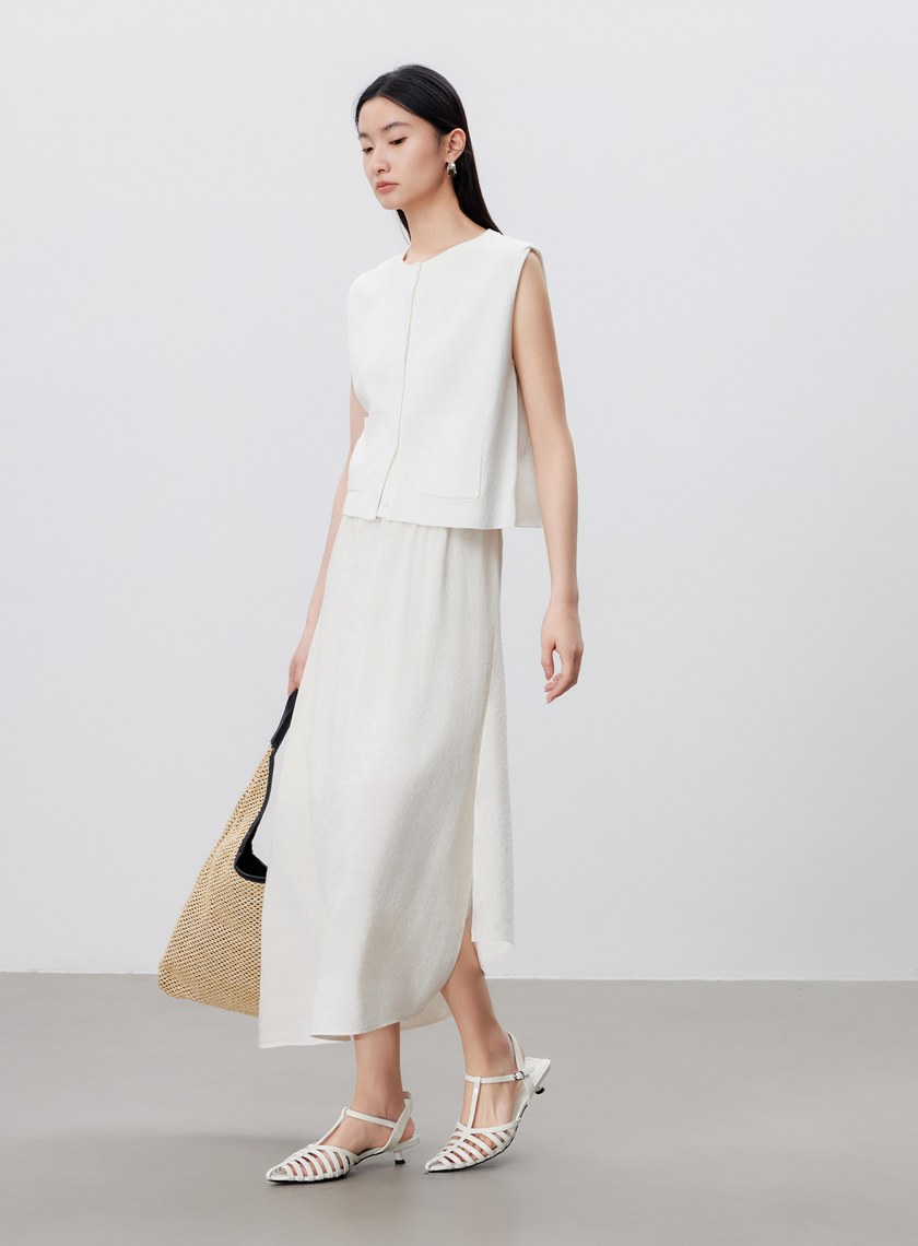 舒適亞麻感抓褶直身半裙