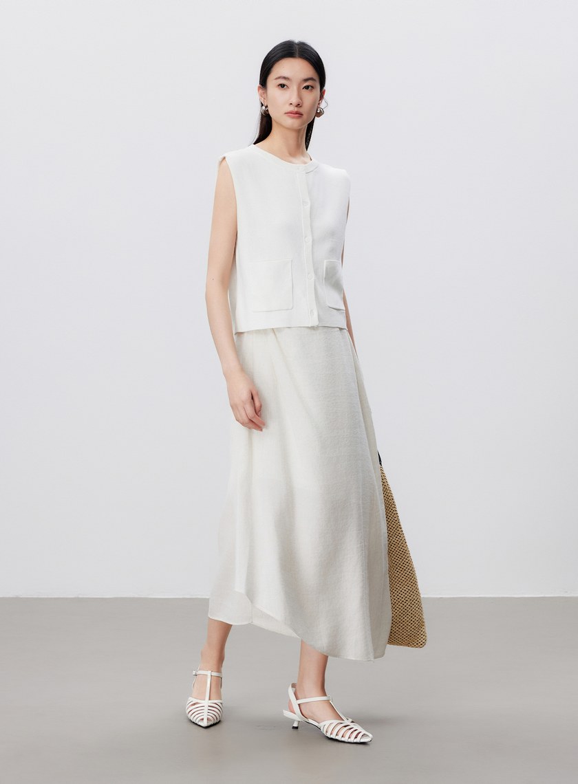 舒適亞麻感抓褶直身半裙