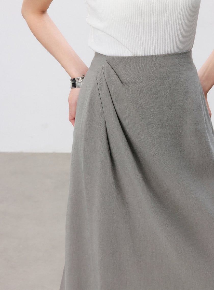 舒適亞麻感抓褶直身半裙