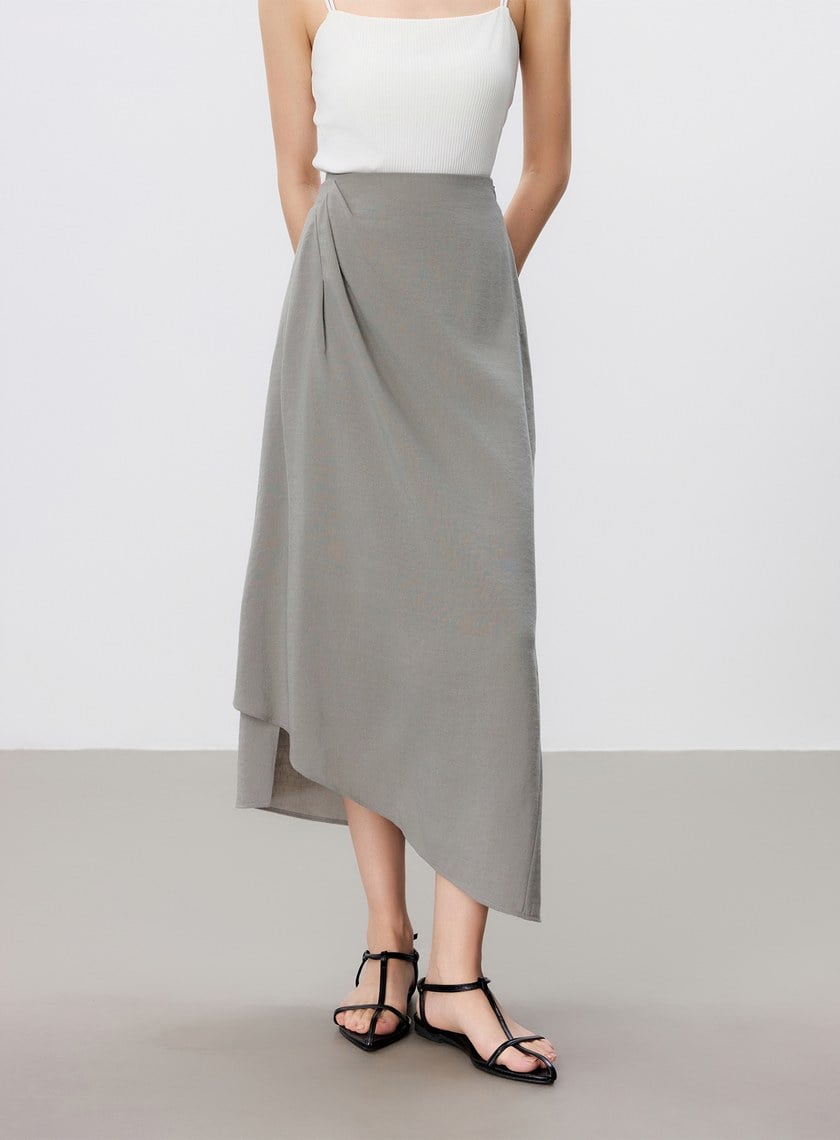 舒適亞麻感抓褶直身半裙