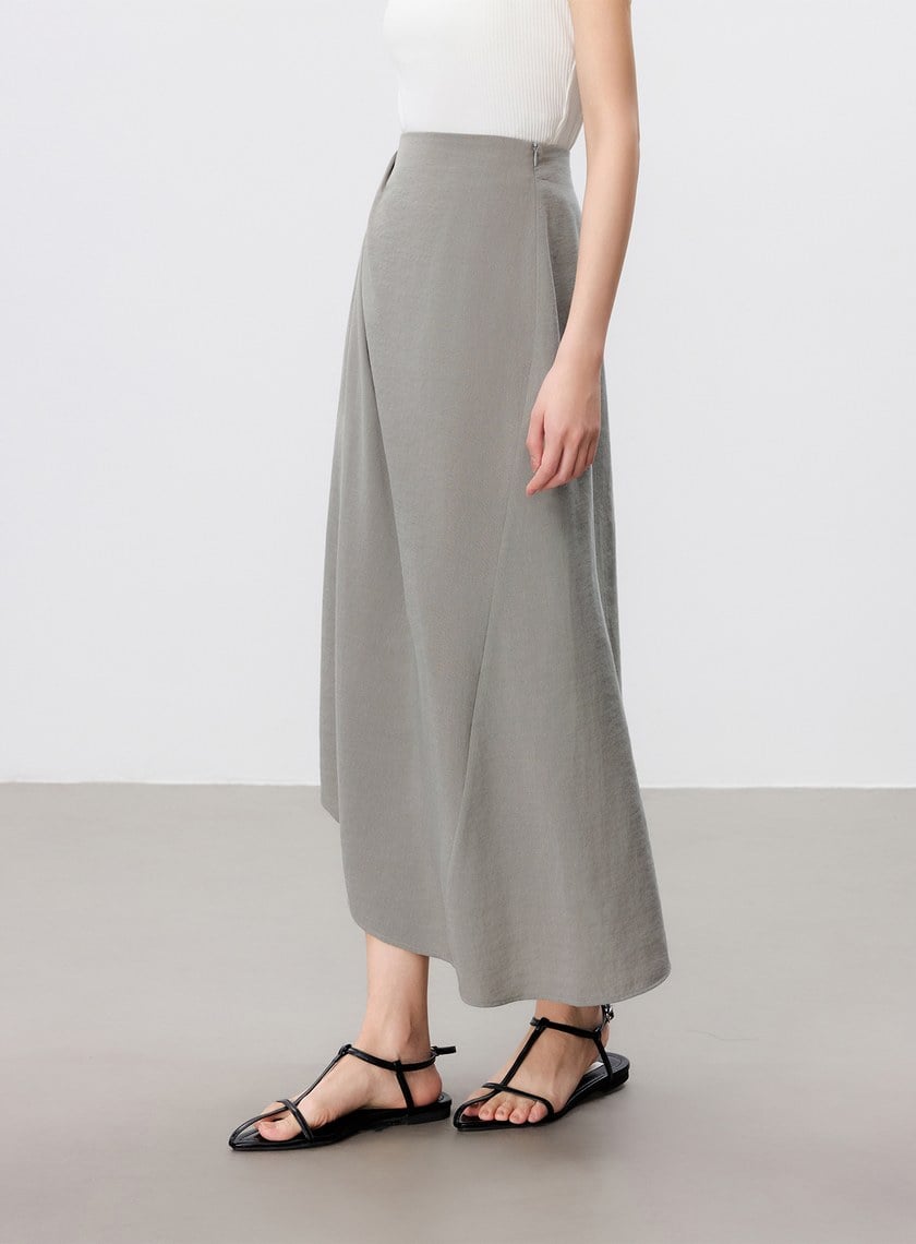 舒適亞麻感抓褶直身半裙