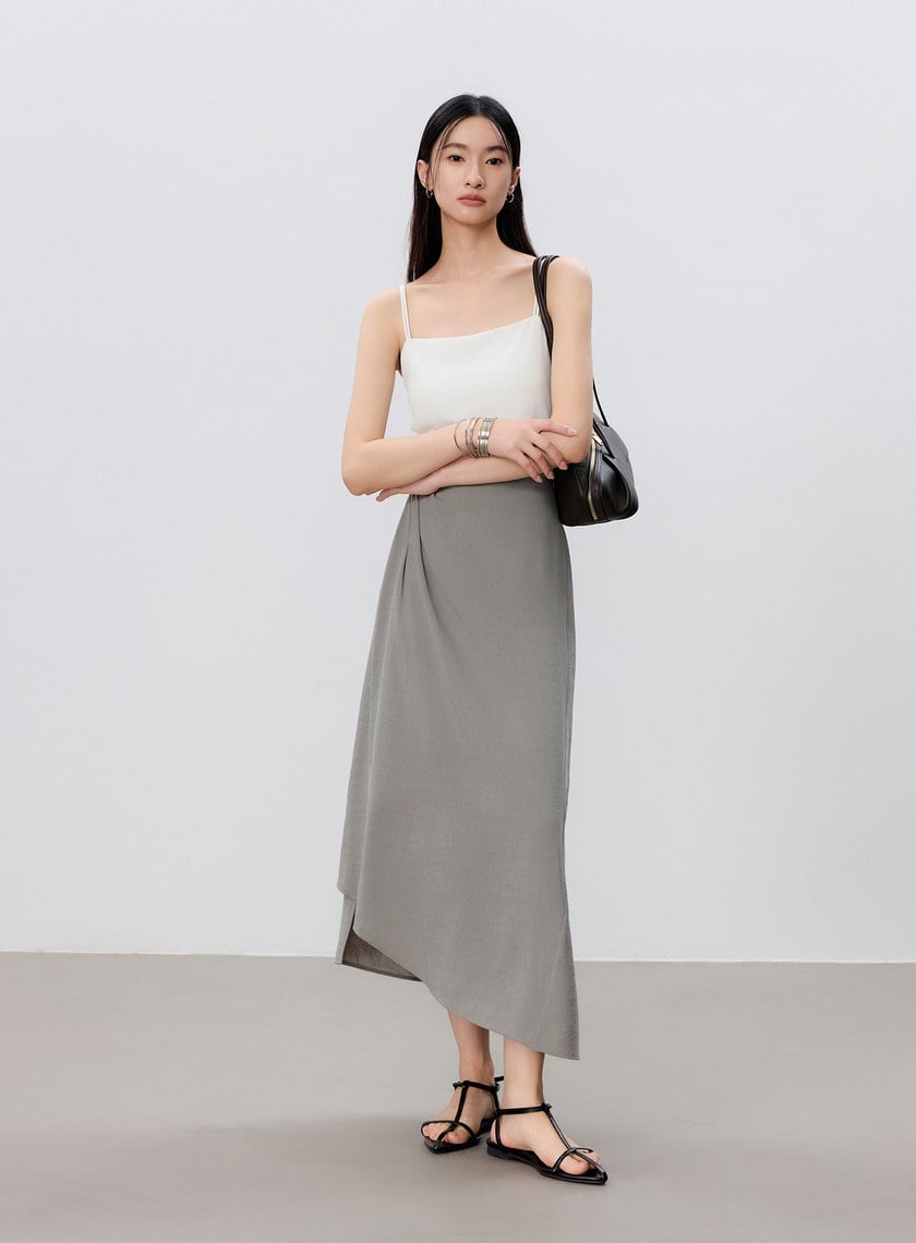 舒適亞麻感抓褶直身半裙