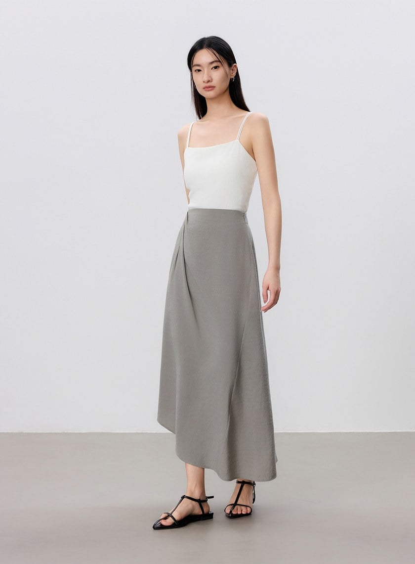 舒適亞麻感抓褶直身半裙