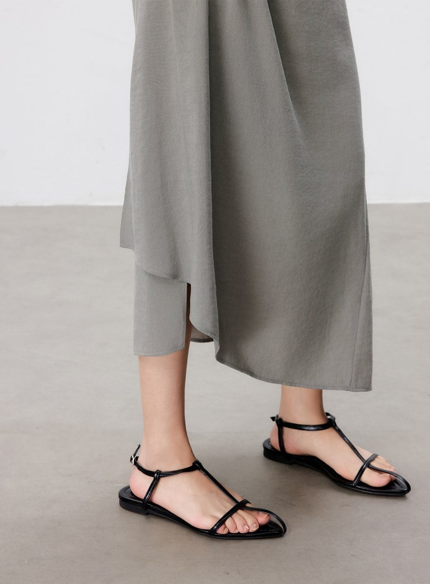 舒適亞麻感抓褶直身半裙