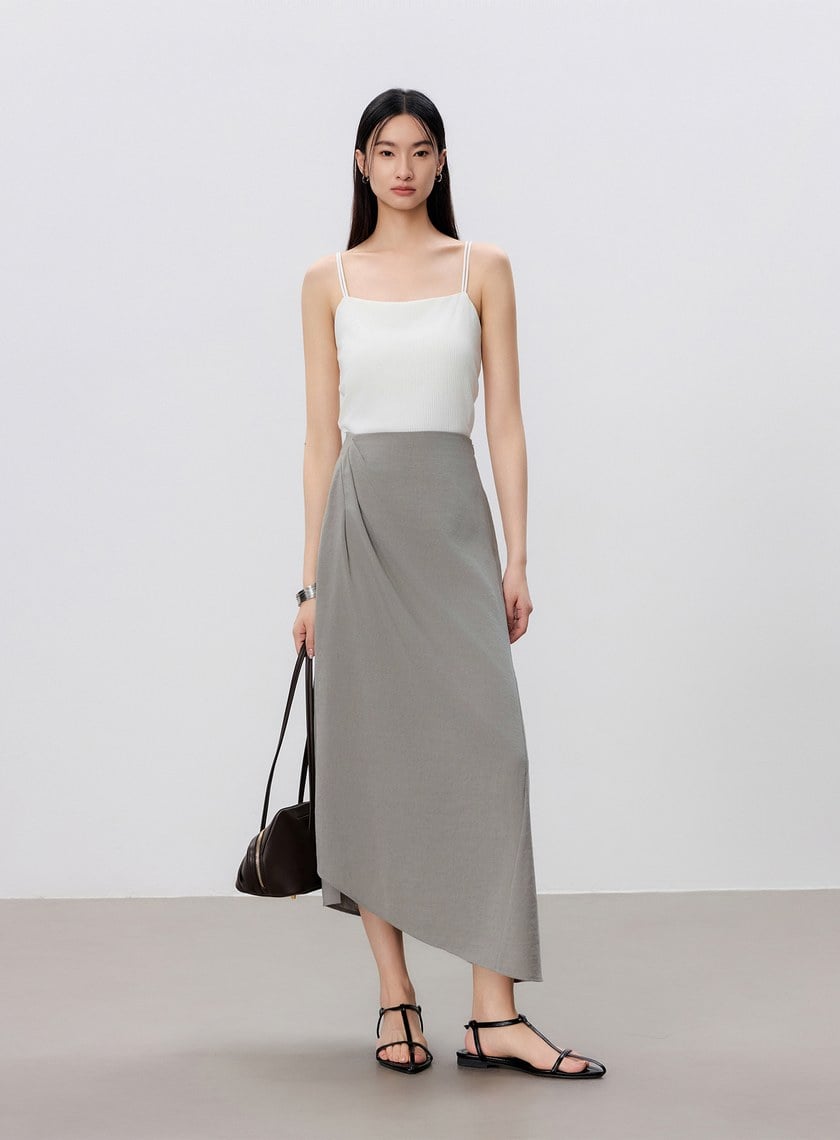 舒適亞麻感抓褶直身半裙