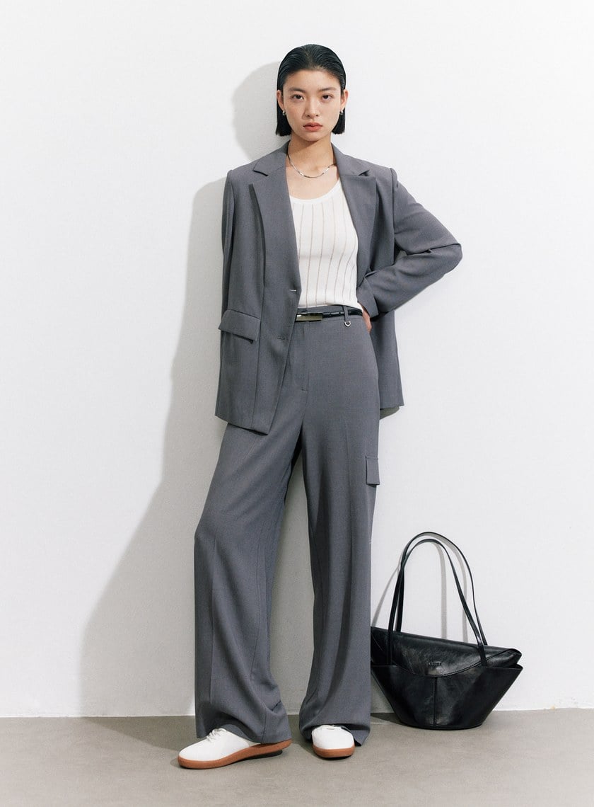 不對稱工裝闊腿褲