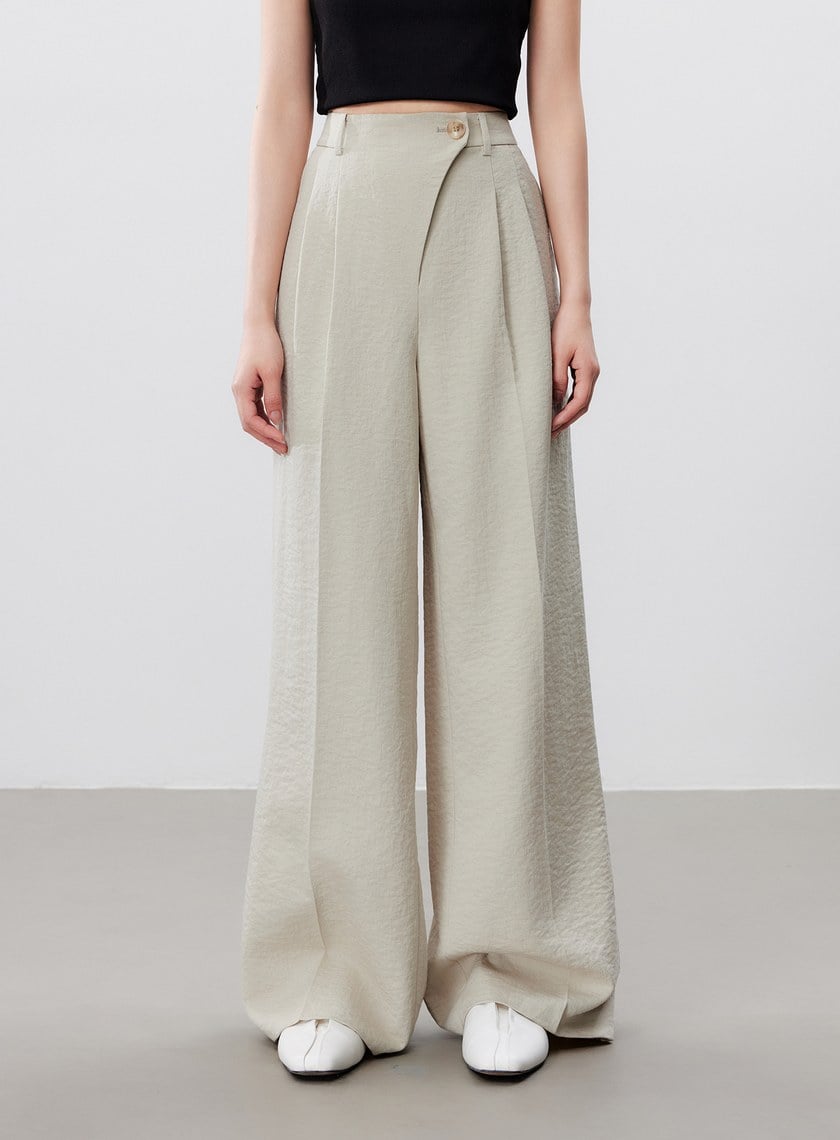 鬆弛感斜門襟垂順闊腿褲