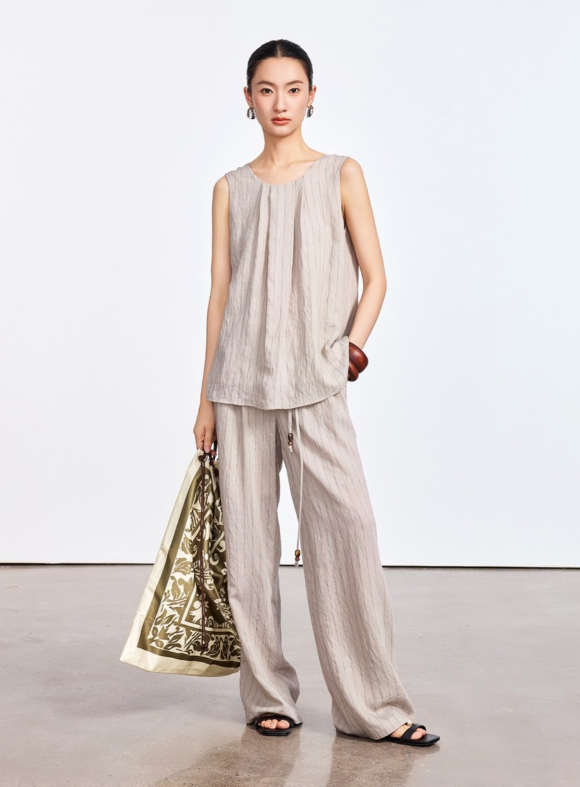 法式仿麻輕盈寬褲