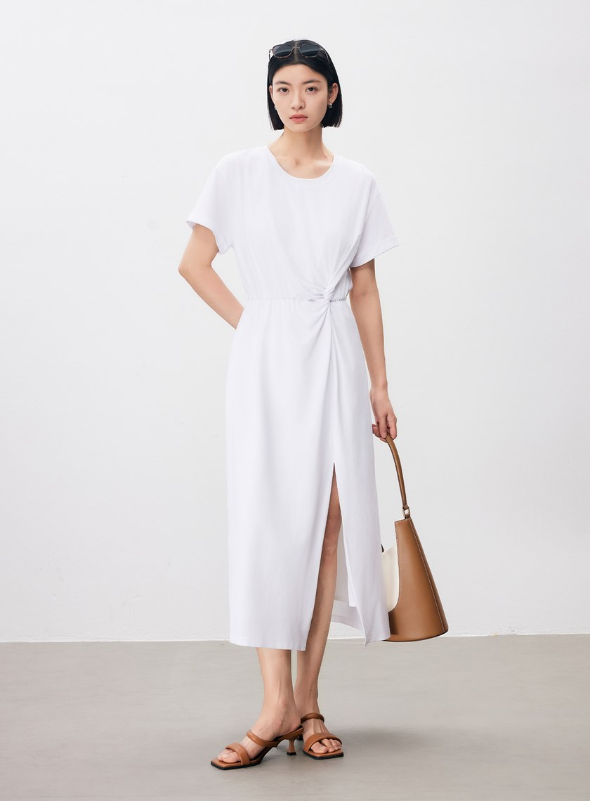 簡約刺繡單邊紐結短袖洋裝