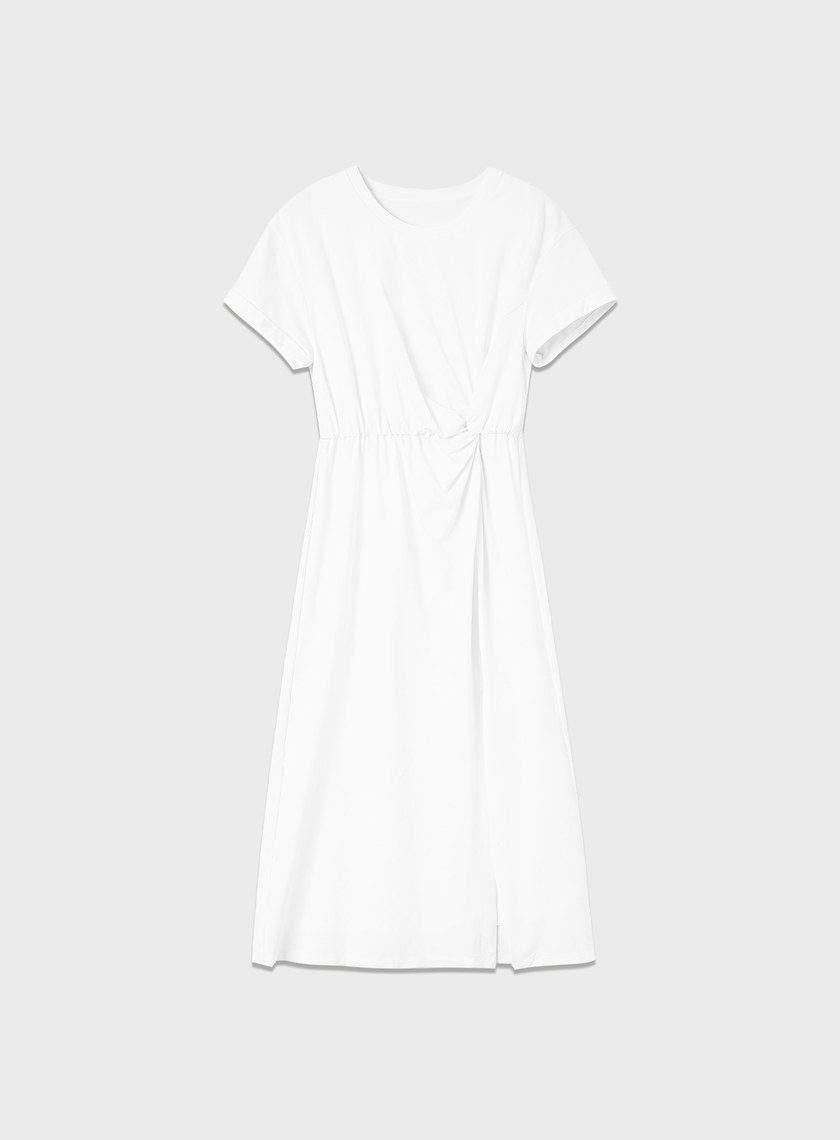 簡約刺繡單邊紐結短袖洋裝