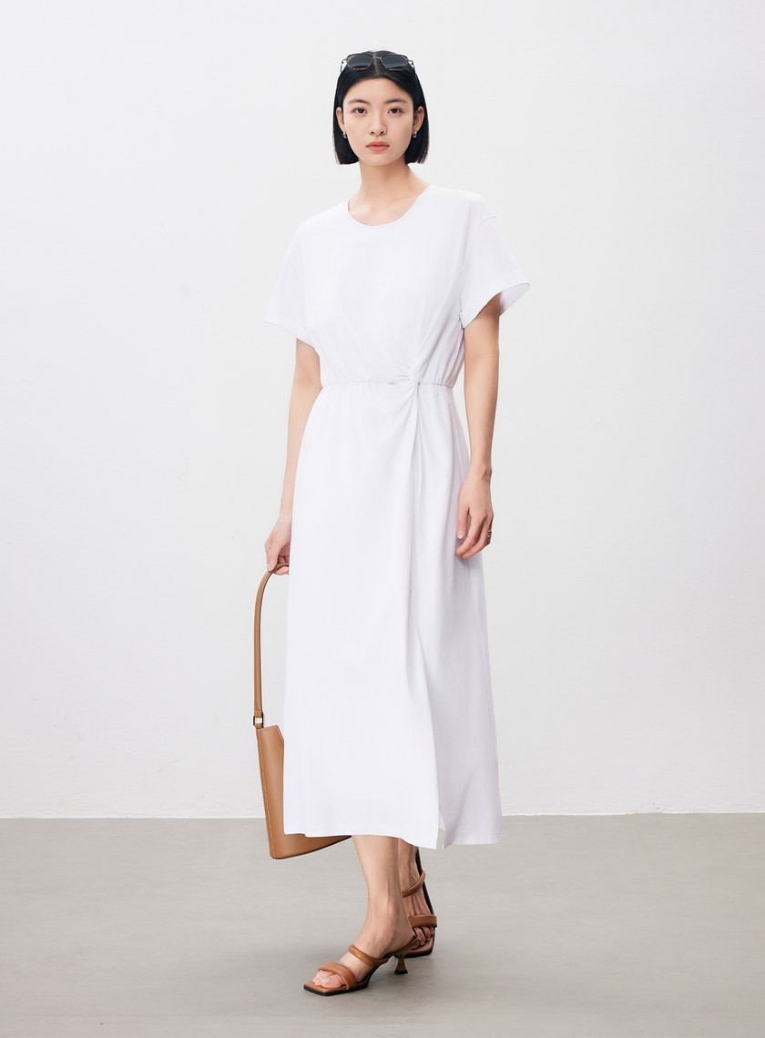 簡約刺繡單邊紐結短袖洋裝