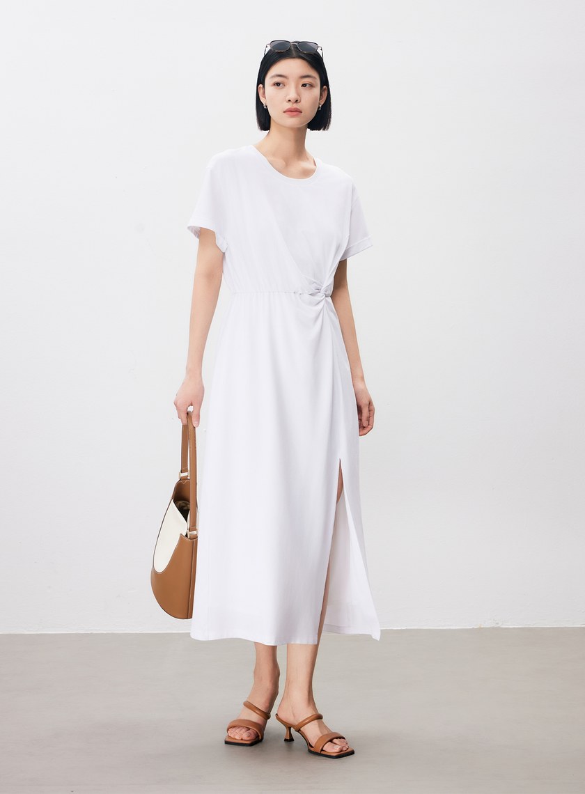 簡約刺繡單邊紐結短袖洋裝