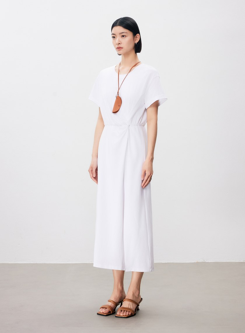 簡約刺繡單邊紐結短袖洋裝