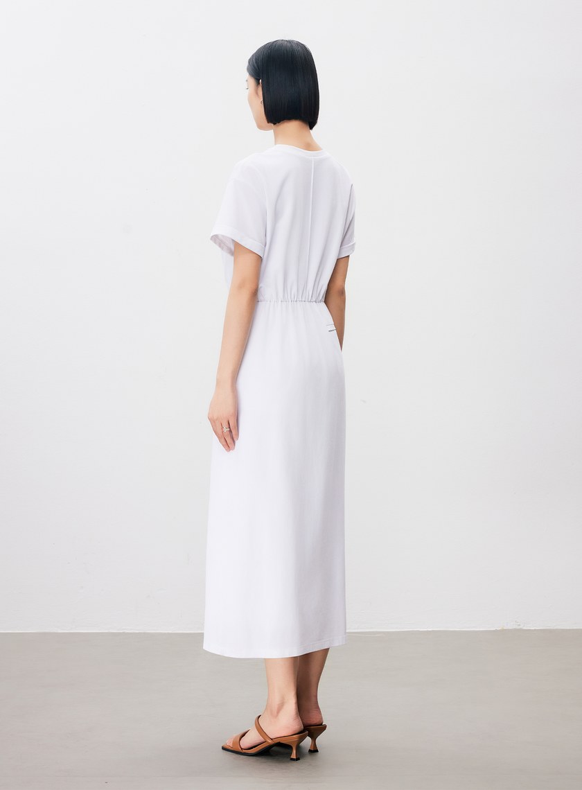 簡約刺繡單邊紐結短袖洋裝