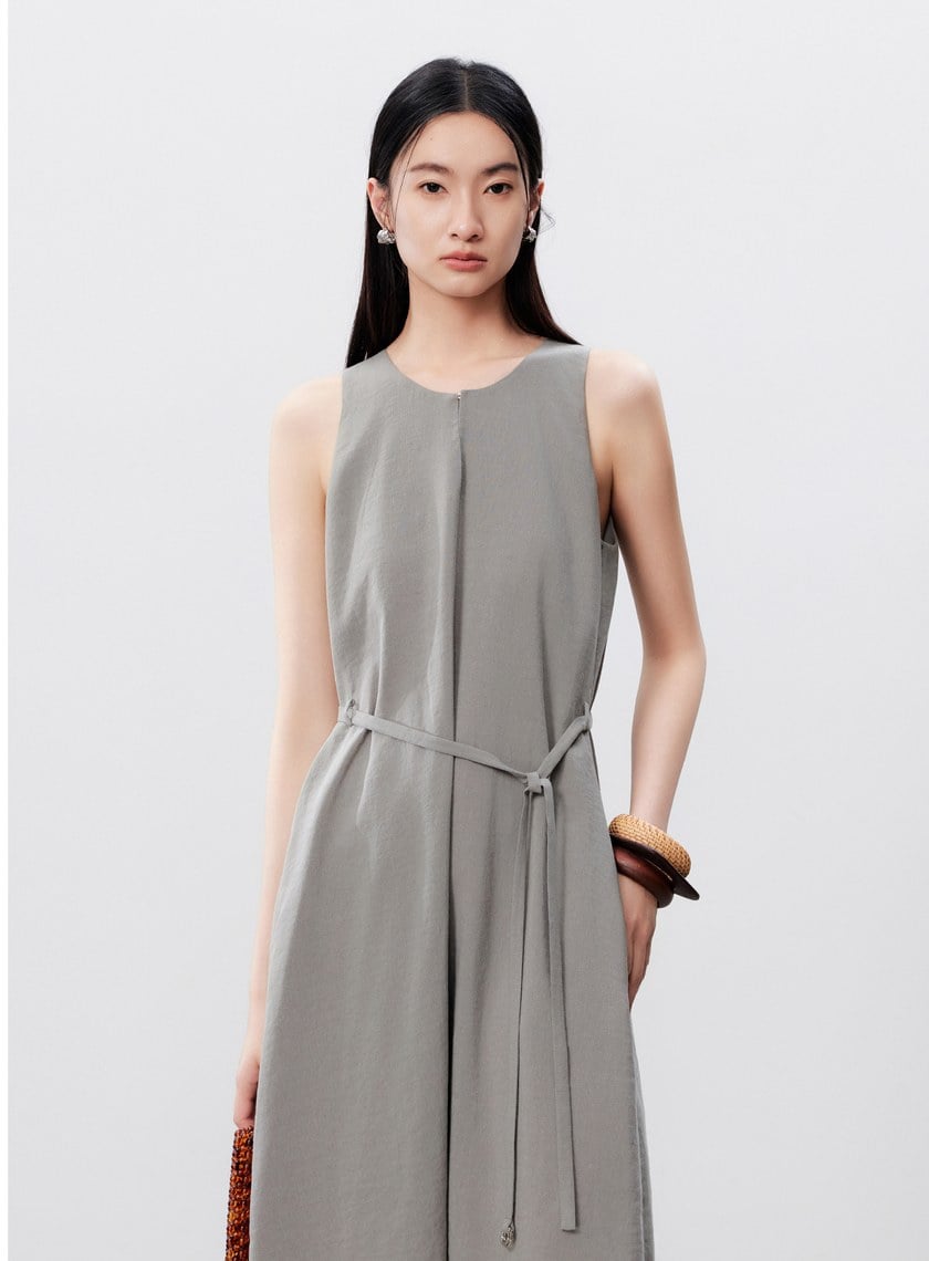 清涼亞麻感綁帶洋裝