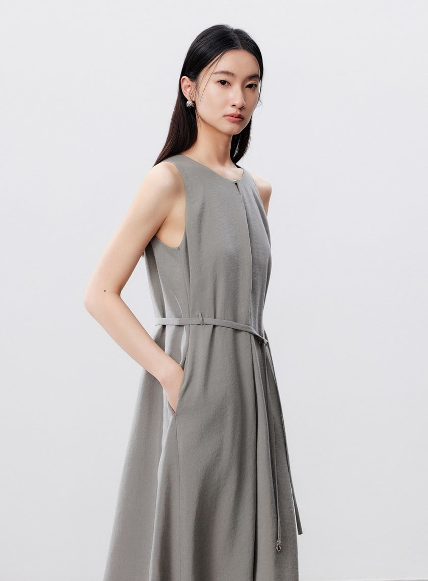 清涼亞麻感綁帶洋裝